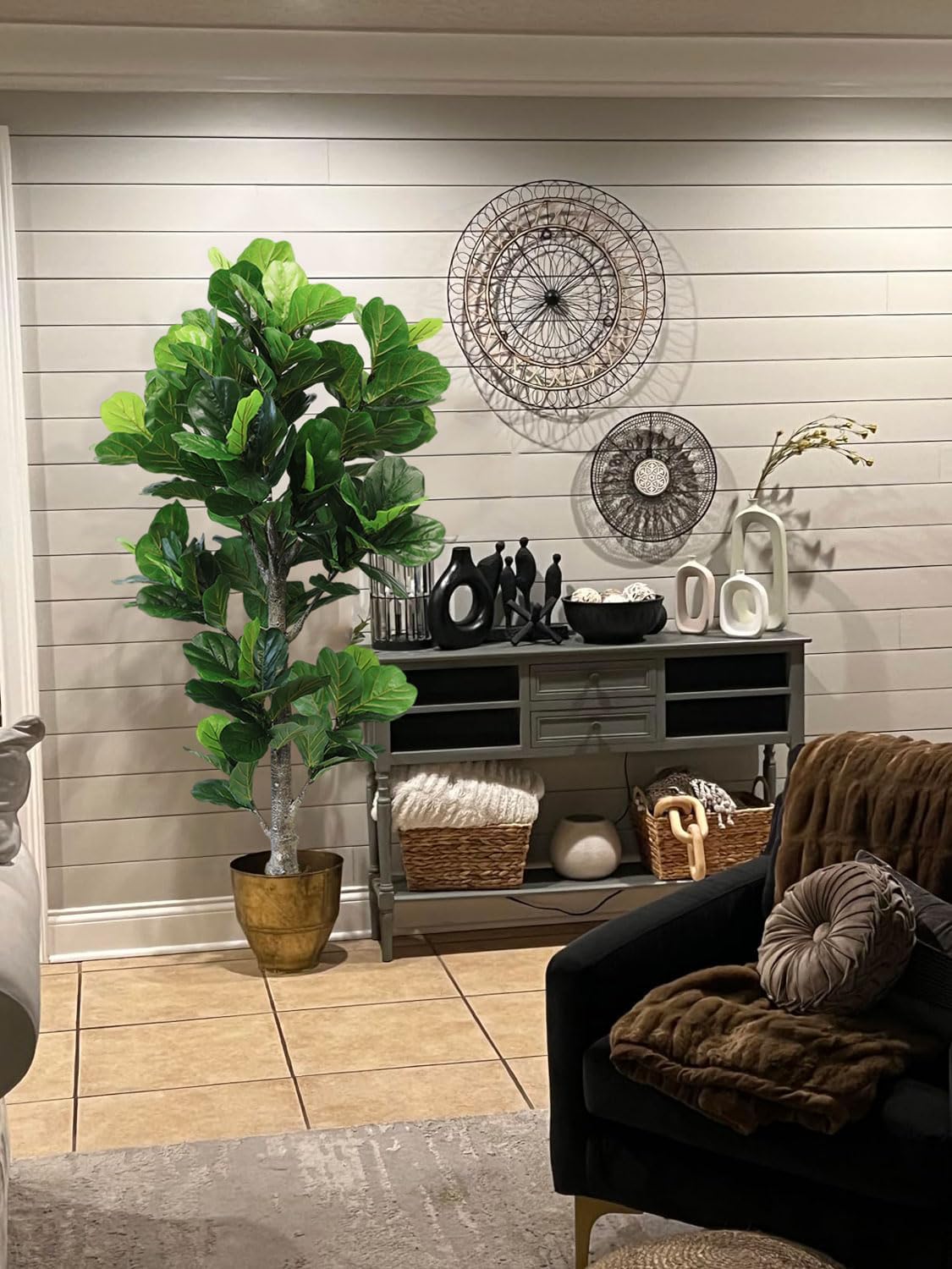 6ft Artificial Fiddle Leaf Fig Tree for Home Decor, 6 Feet Large Faux Plant Fake Ficus lyrata Silk Trees with Pot for Indoor Outdoor House Living Room Office (6 ft Tall)