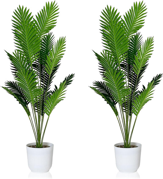 Set of 2 Artificial Areca Palm Plants in Pots, 50 Inch Fake Tropical Palm Trees with Greenery Leaves and Stems, Faux Dypsis Lutescens Floor Plants for Garden, Store, Office, Home Decoration
