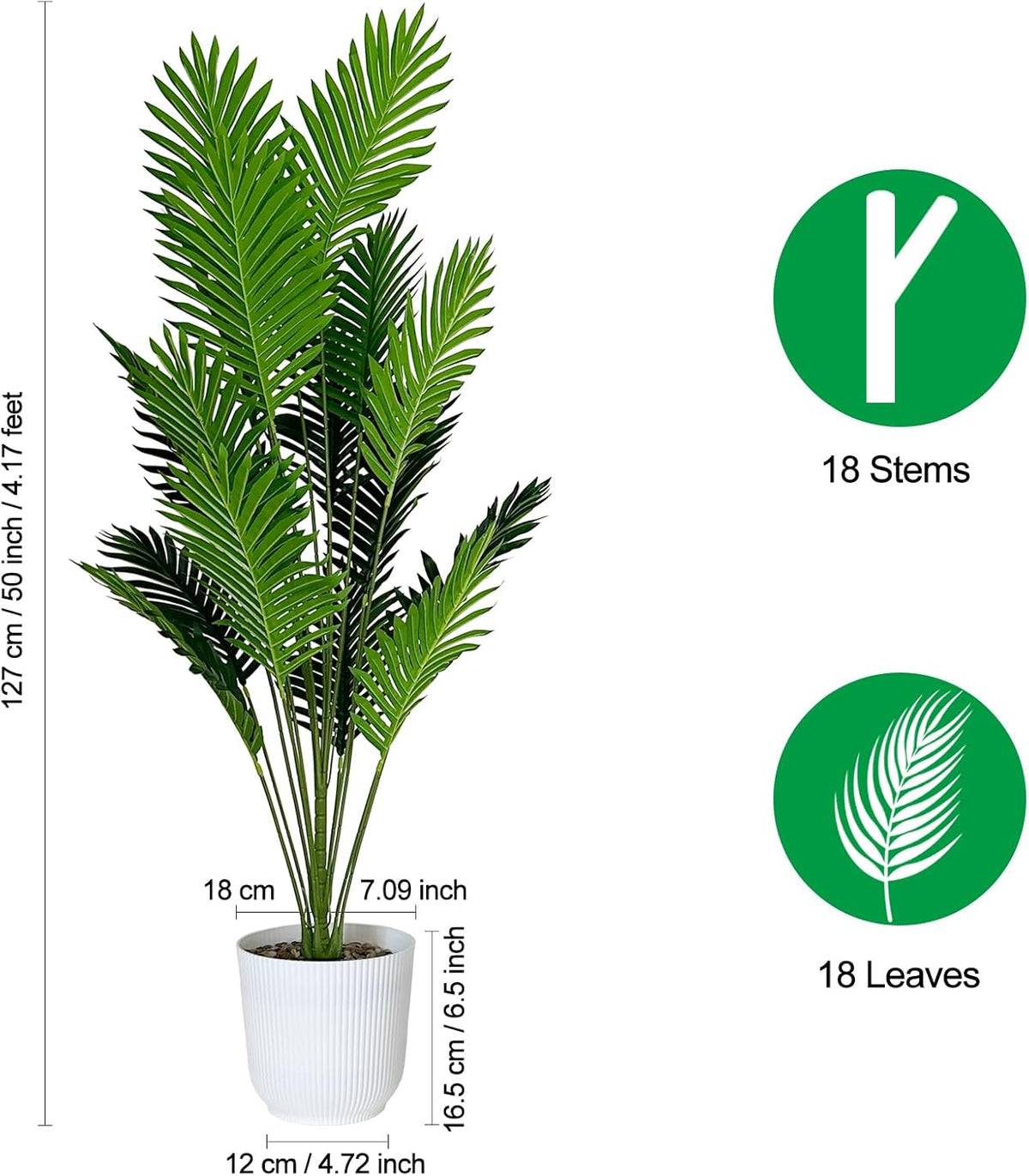 Set of 2 Artificial Areca Palm Plants in Pots, 50 Inch Fake Tropical Palm Trees with Greenery Leaves and Stems, Faux Dypsis Lutescens Floor Plants for Garden, Store, Office, Home Decoration