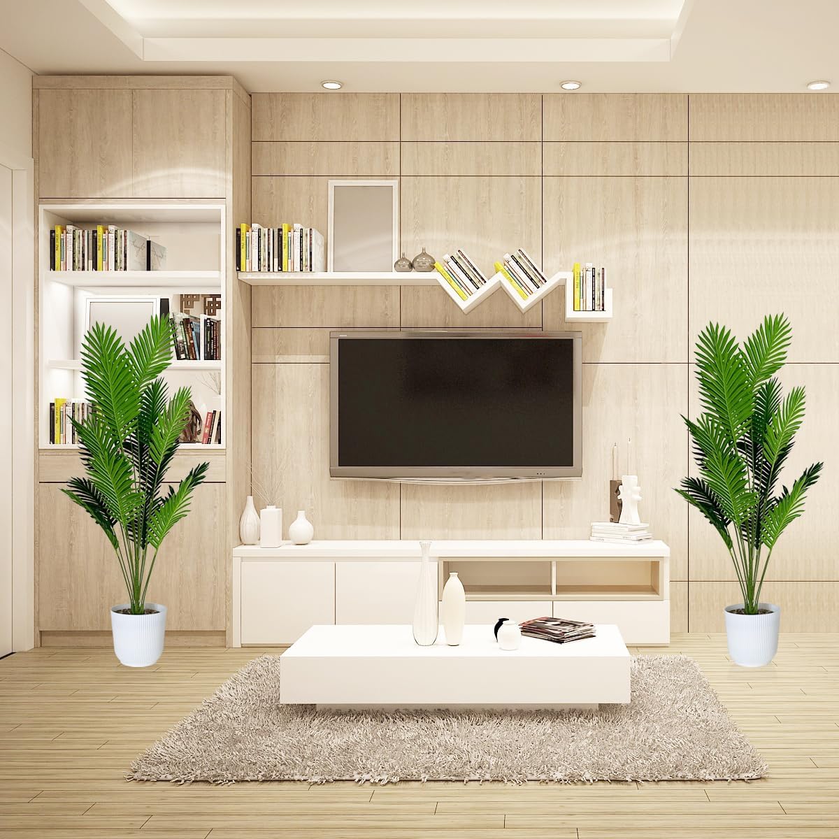 Set of 2 Artificial Areca Palm Plants in Pots, 50 Inch Fake Tropical Palm Trees with Greenery Leaves and Stems, Faux Dypsis Lutescens Floor Plants for Garden, Store, Office, Home Decoration