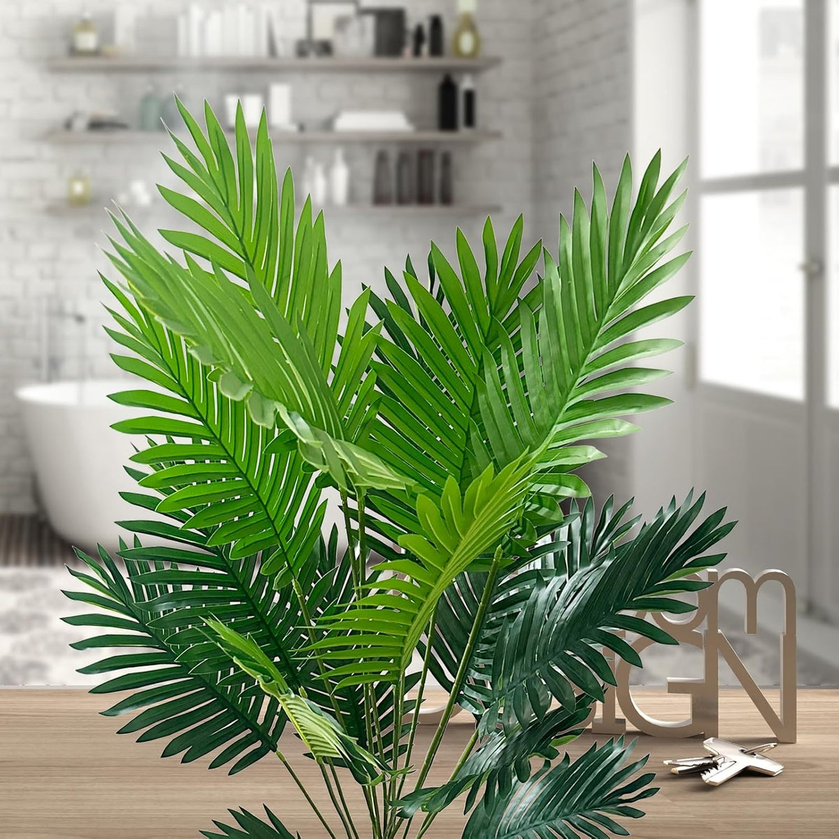 Set of 2 Artificial Areca Palm Plants in Pots, 50 Inch Fake Tropical Palm Trees with Greenery Leaves and Stems, Faux Dypsis Lutescens Floor Plants for Garden, Store, Office, Home Decoration