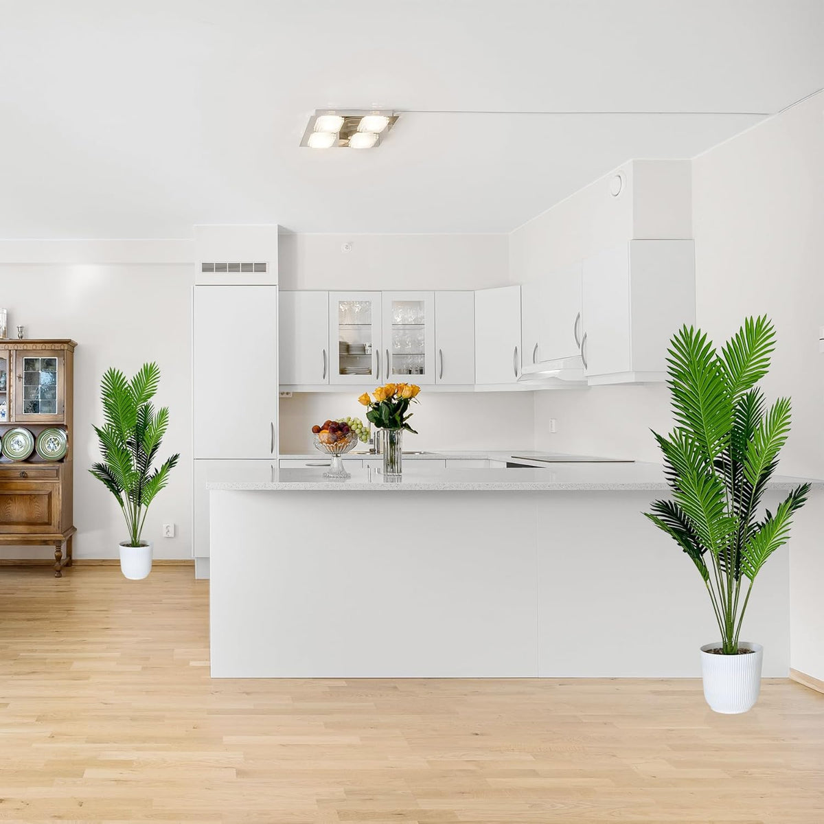 Set of 2 Artificial Areca Palm Plants in Pots, 50 Inch Fake Tropical Palm Trees with Greenery Leaves and Stems, Faux Dypsis Lutescens Floor Plants for Garden, Store, Office, Home Decoration