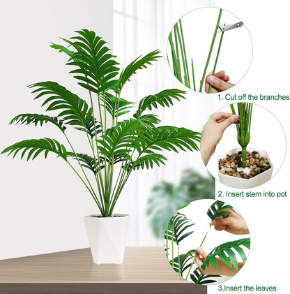 Set of 2 Artificial Areca Palm Plants in Pots, 50 Inch Fake Tropical Palm Trees with Greenery Leaves and Stems, Faux Dypsis Lutescens Floor Plants for Garden, Store, Office, Home Decoration