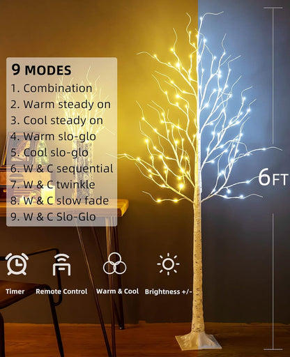 Lighted Birch Tree, 6ft 96LED Birch Tree Lights,Artificial Twig Tree Light 9Modes Timer for Indoor Outdoor Christmas Halloween Easter Tree Home Party Wedding Decor,Warm & Cool White