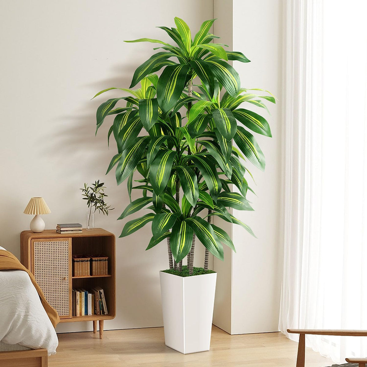 Artificial Dracaena Tree Indoor, 5FT Tall Fake Tree with White Tall Planter