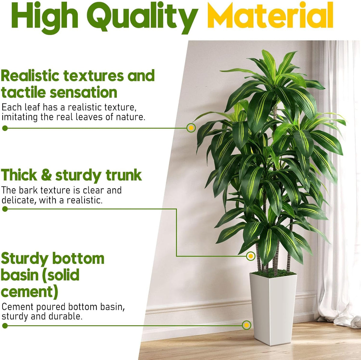 Artificial Dracaena Tree Indoor, 5FT Tall Fake Tree with White Tall Planter