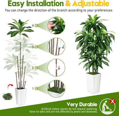 Artificial Dracaena Tree Indoor, 5FT Tall Fake Tree with White Tall Planter