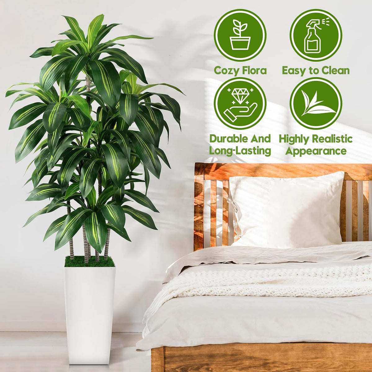 Artificial Dracaena Tree Indoor, 5FT Tall Fake Tree with White Tall Planter
