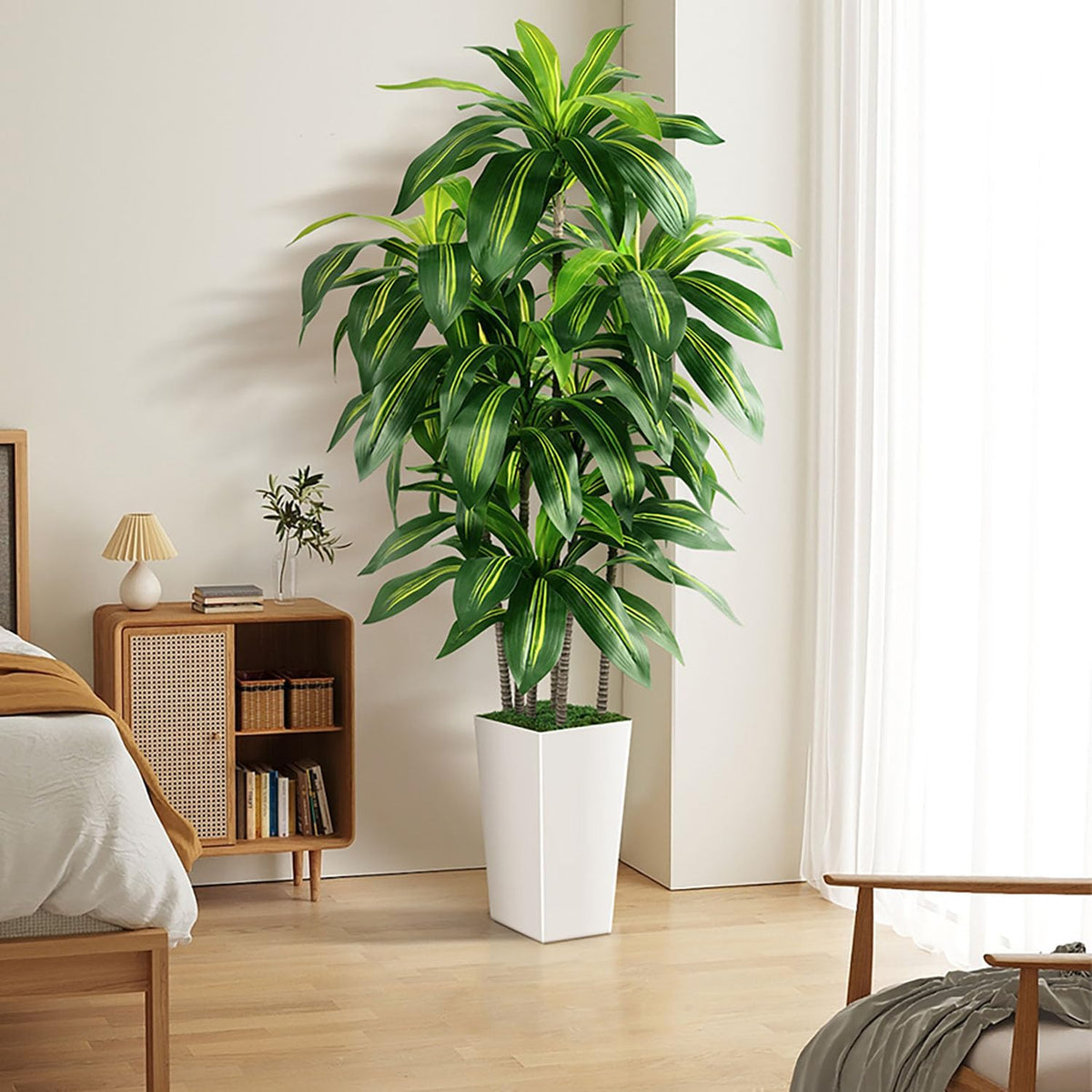 Artificial Dracaena Tree Indoor, 5FT Tall Fake Tree with White Tall Planter