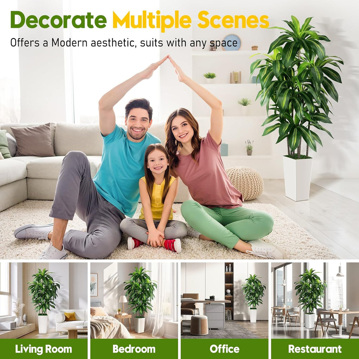 Artificial Dracaena Tree Indoor, 5FT Tall Fake Tree with White Tall Planter