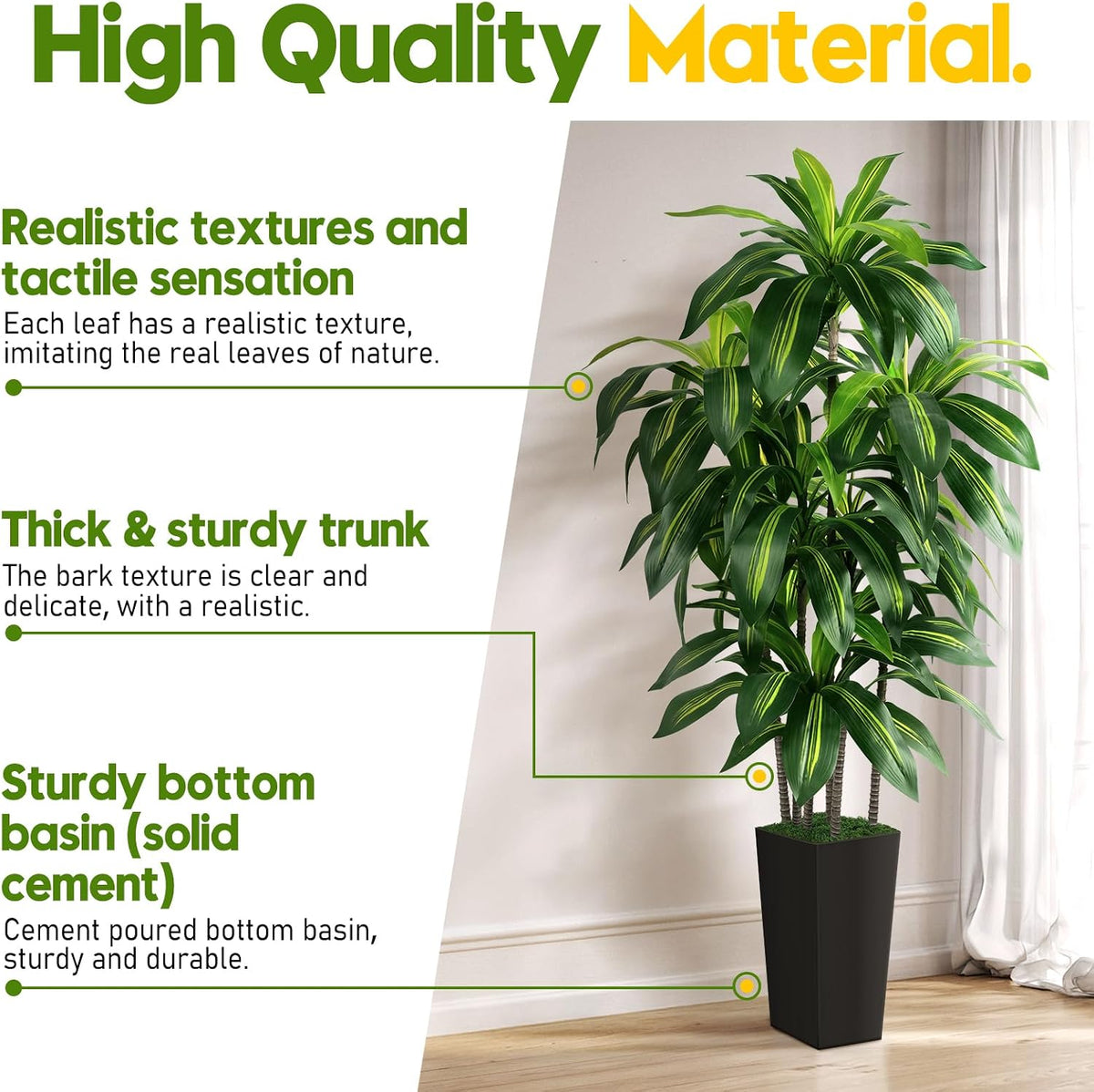 Artificial Dracaena Tree Indoor, 5FT Tall Fake Tree with White Tall Planter