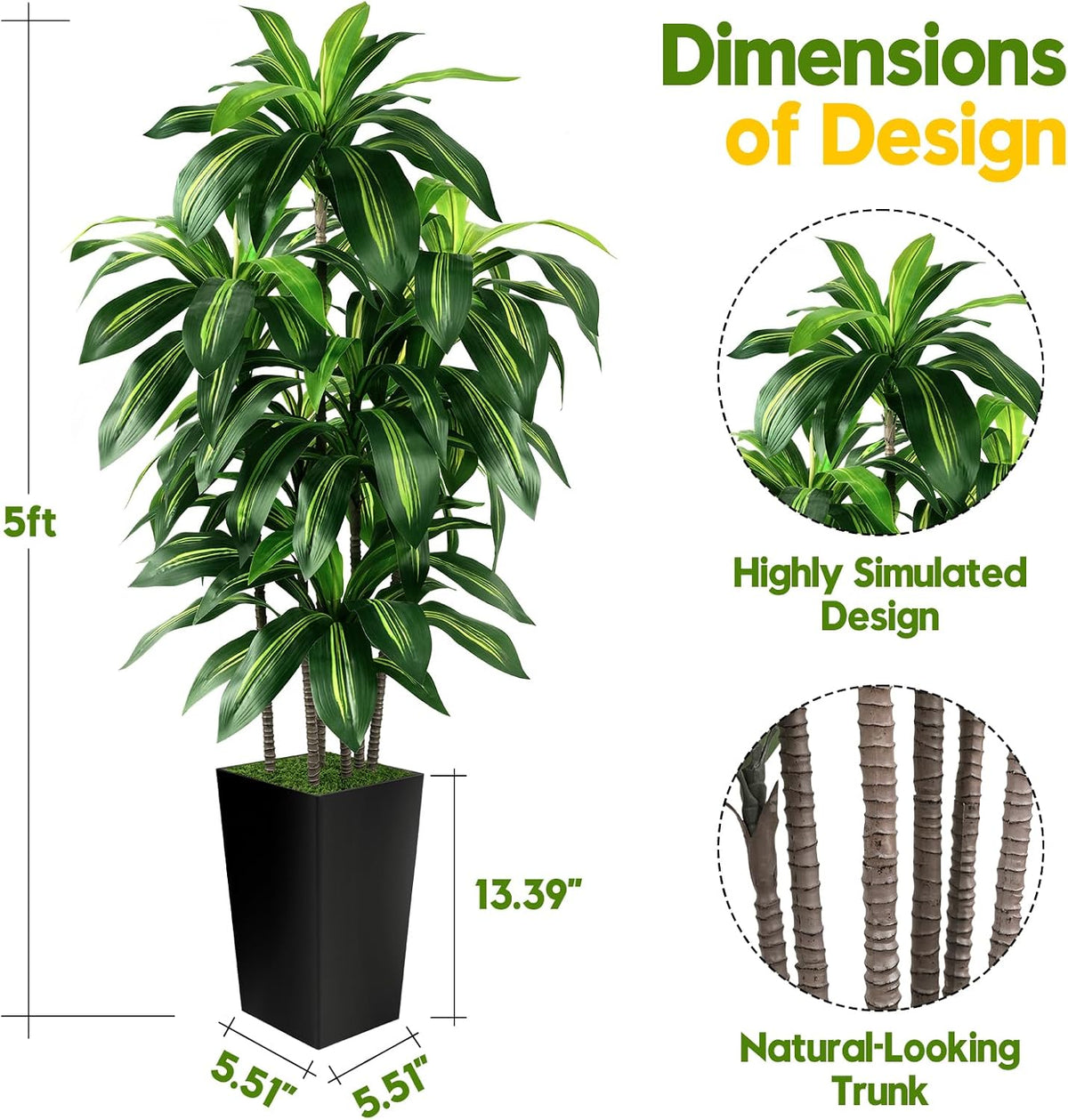 Artificial Dracaena Tree Indoor, 5FT Tall Fake Tree with White Tall Planter