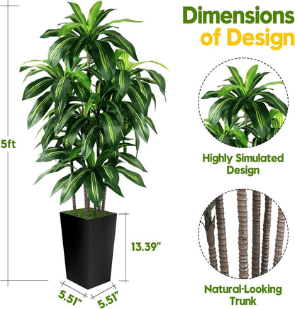 Artificial Dracaena Tree Indoor, 5FT Tall Fake Tree with White Tall Planter