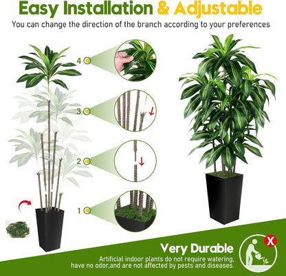 Artificial Dracaena Tree Indoor, 5FT Tall Fake Tree with White Tall Planter