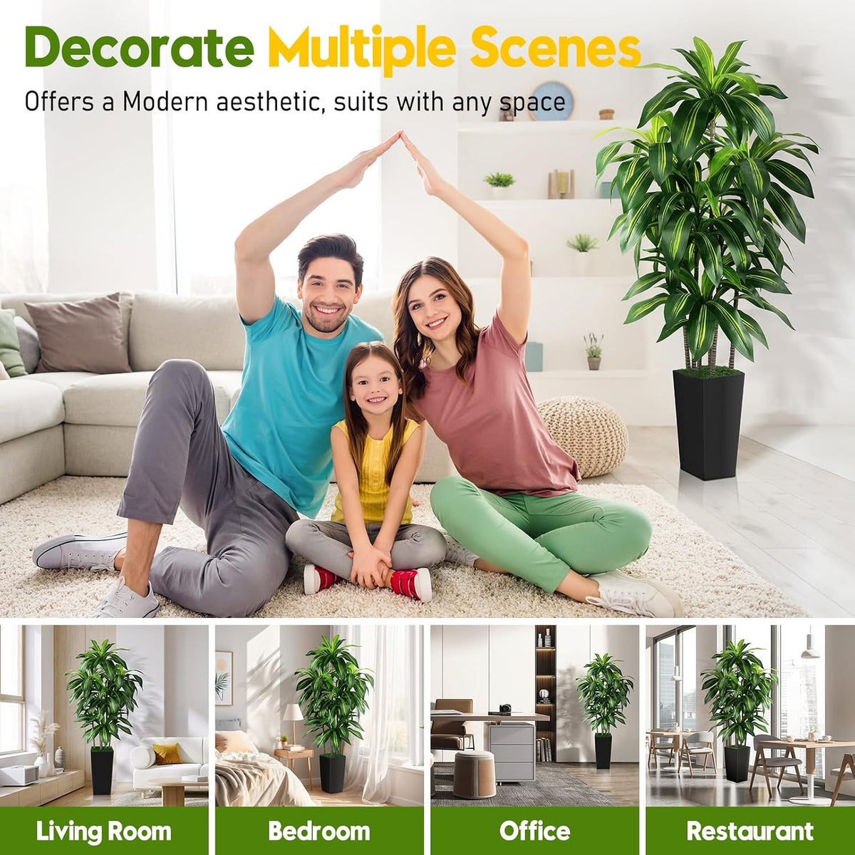 Artificial Dracaena Tree Indoor, 5FT Tall Fake Tree with White Tall Planter