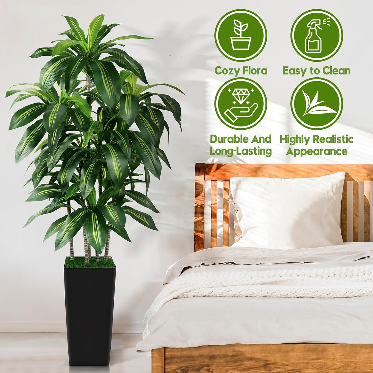 Artificial Dracaena Tree Indoor, 5FT Tall Fake Tree with White Tall Planter
