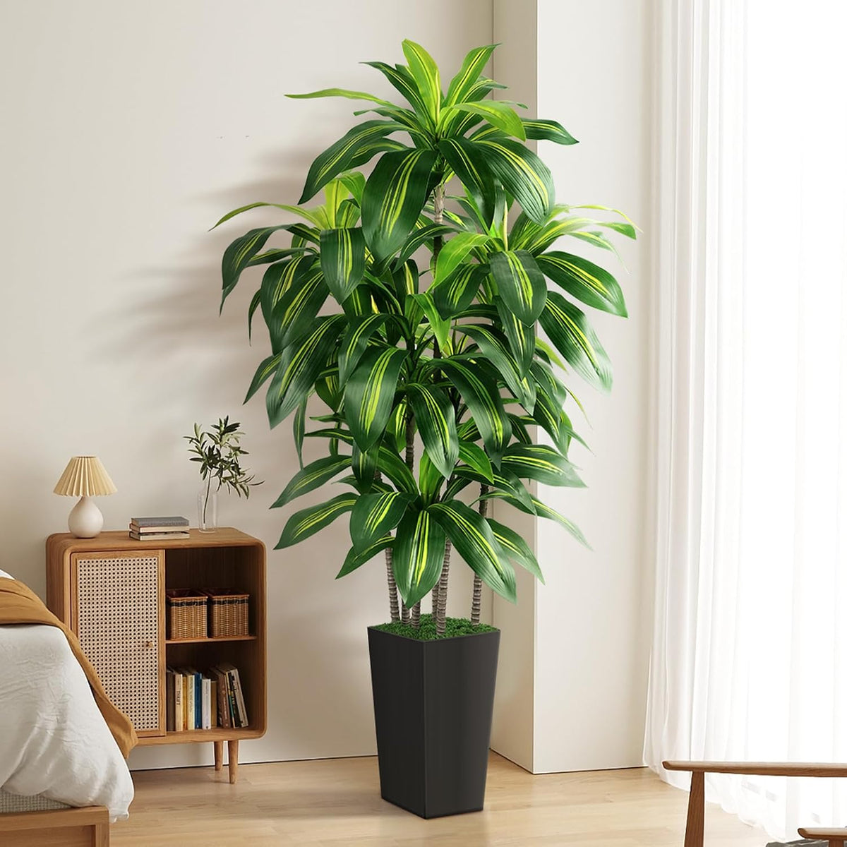 Artificial Dracaena Tree Indoor, 5FT Tall Fake Tree with White Tall Planter