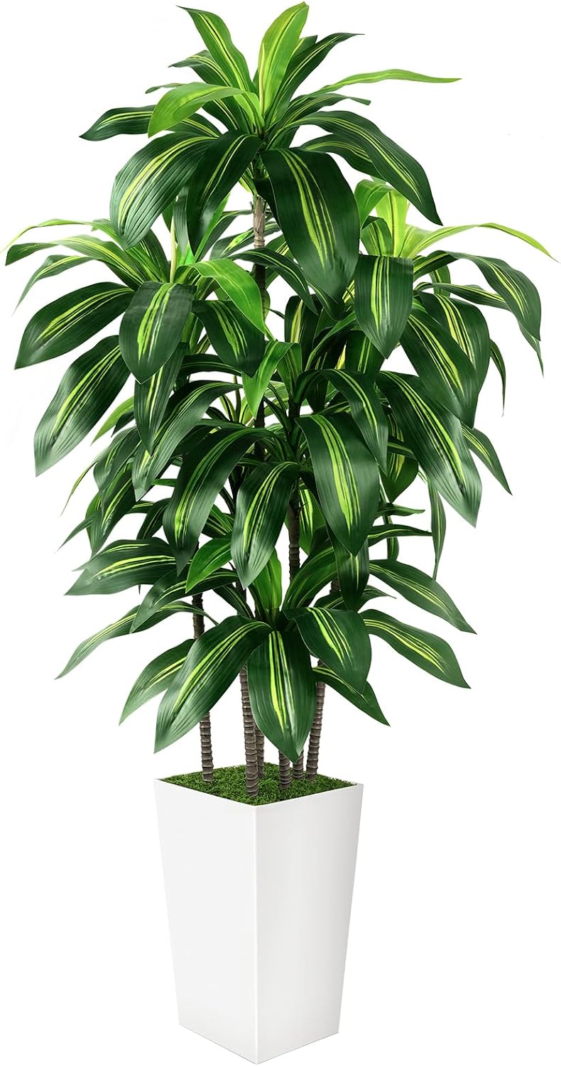 Artificial Dracaena Tree Indoor, 5FT Tall Fake Tree with White Tall Planter