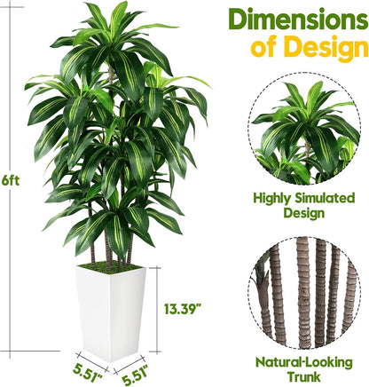 Artificial Dracaena Tree Indoor, 5FT Tall Fake Tree with White Tall Planter