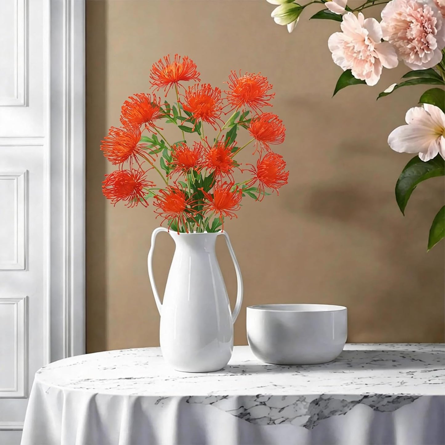 27.6" Tropical Flowers Artificial with 3 Heads Long Stem 4 PCS Fake Mums | Orange Flowers Artificial Plastic Protea Spider Mum Arrangement for Table Centerpieces Home Kitchen Office Bathroom Decor