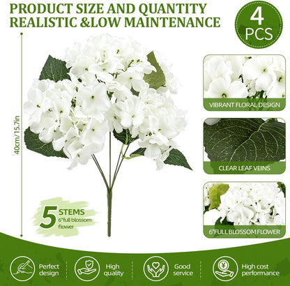4 Pcs Hydrangea Artificial Flowers Outdoor Silk Bouquets, White UV Resistant Faux Hydrangeas Flowers for Table Vase Centerpieces Outside Party Wedding Porch Patio Planter Home Indoor Outdoor Decor