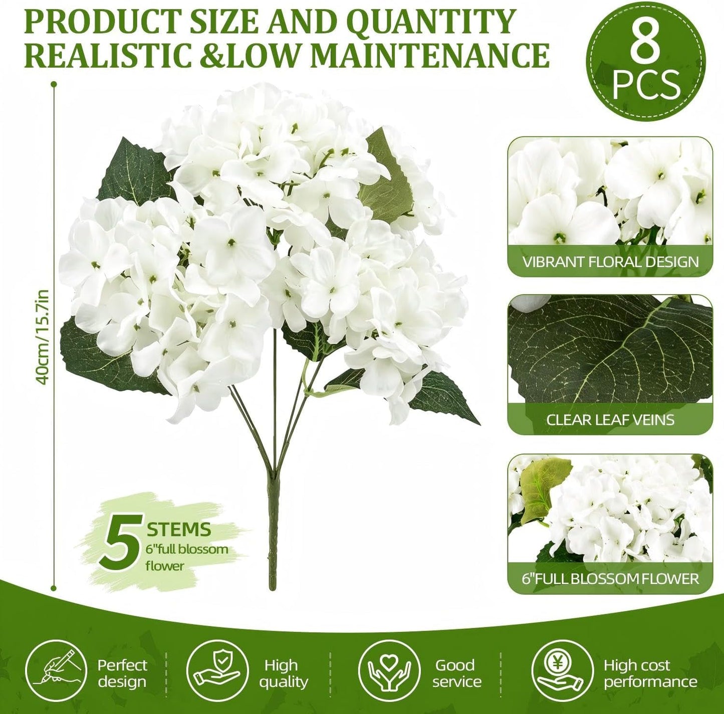4 Pcs Hydrangea Artificial Flowers Outdoor Silk Bouquets, White UV Resistant Faux Hydrangeas Flowers for Table Vase Centerpieces Outside Party Wedding Porch Patio Planter Home Indoor Outdoor Decor