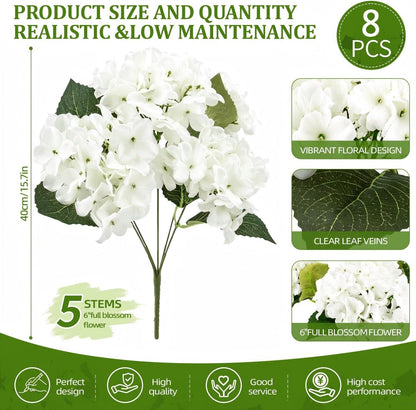 4 Pcs Hydrangea Artificial Flowers Outdoor Silk Bouquets, White UV Resistant Faux Hydrangeas Flowers for Table Vase Centerpieces Outside Party Wedding Porch Patio Planter Home Indoor Outdoor Decor
