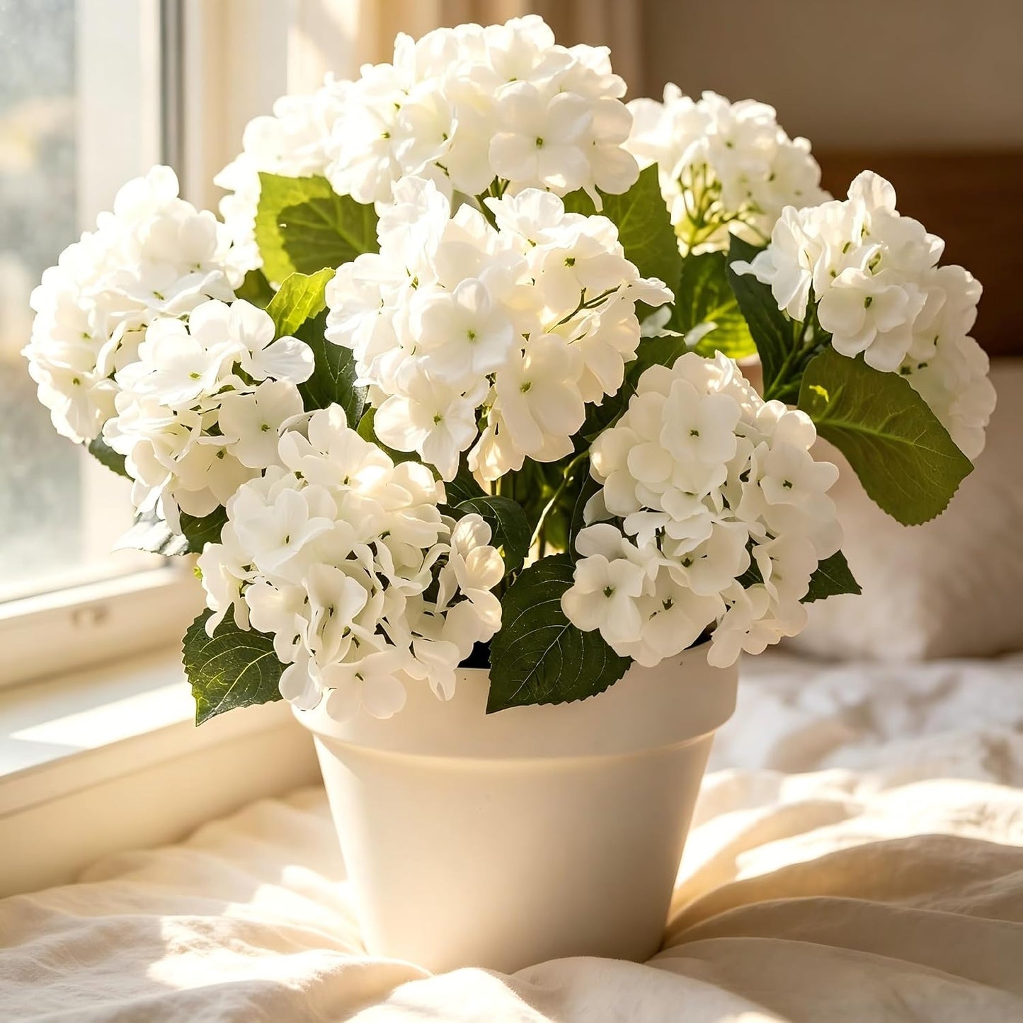 4 Pcs Hydrangea Artificial Flowers Outdoor Silk Bouquets, White UV Resistant Faux Hydrangeas Flowers for Table Vase Centerpieces Outside Party Wedding Porch Patio Planter Home Indoor Outdoor Decor