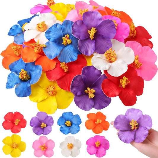24 Pcs Artificial Hibiscus Flowers Colorful Hawaiian Fake Flowers Faux Tropical Hibiscus Decoration for Luau Summer Party Decor DIY Crafts Cake Favors Supplies Table Centerpieces