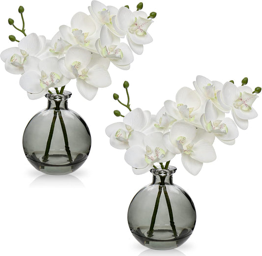 White Orchids Artificial Flowers Faux Orchid Arrangement with Black Glass Vase Set of 2 Real Touch Phalaenopsis Orchid Flowers Orchid Centerpiece for Dining Room Table