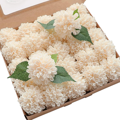 Artificial Dahlia Flowers 25pcs Real Looking Ivory Foam Fake Roses with Stems for DIY Wedding Bouquets White Bridal Shower Centerpieces Floral Arrangements Party Tables Home Decoration