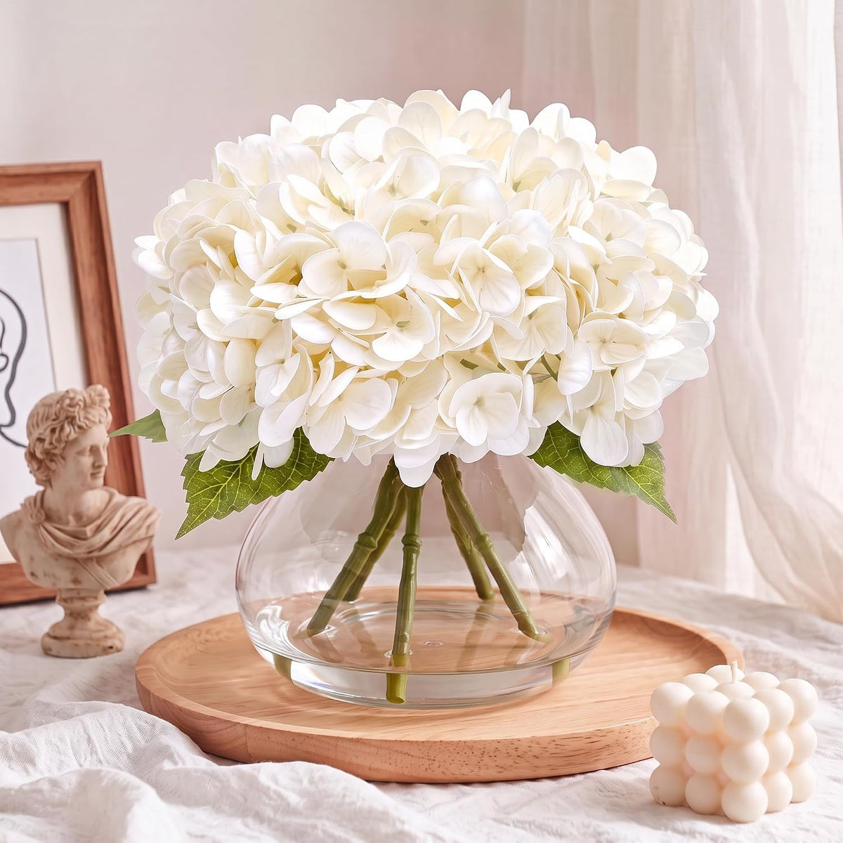 Hydrangea Artificial Flowers with Vase, Real Touch Latex, White