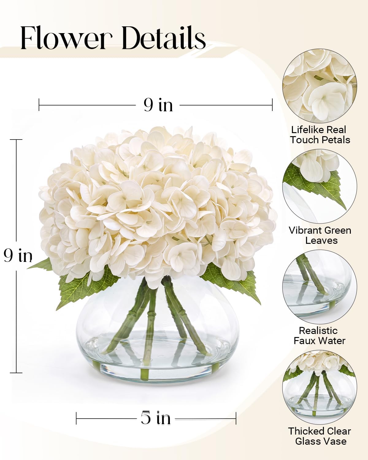 Hydrangea Artificial Flowers with Vase, Real Touch Latex, White