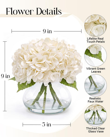 Hydrangea Artificial Flowers with Vase, Real Touch Latex, White