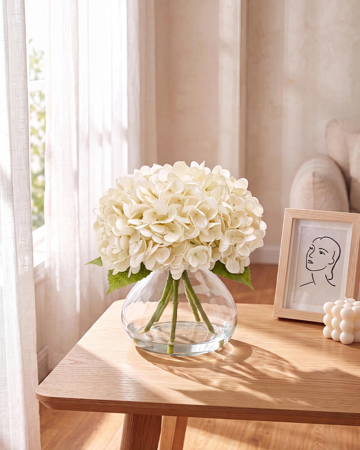 Hydrangea Artificial Flowers with Vase, Real Touch Latex, White
