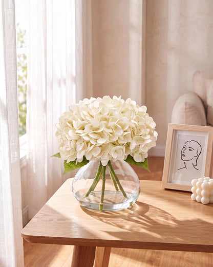 Hydrangea Artificial Flowers with Vase, Real Touch Latex, White