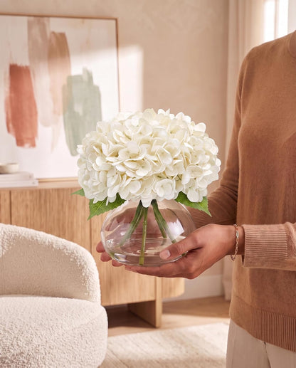 Hydrangea Artificial Flowers with Vase, Real Touch Latex, White