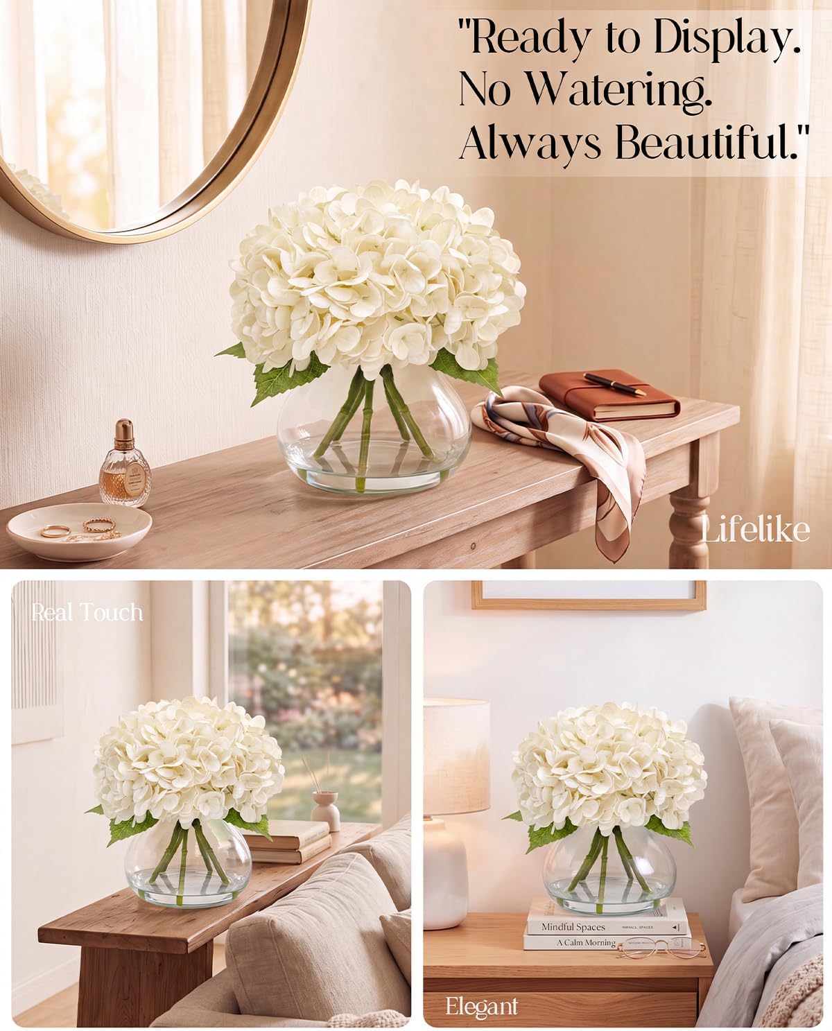 Hydrangea Artificial Flowers with Vase, Real Touch Latex, White