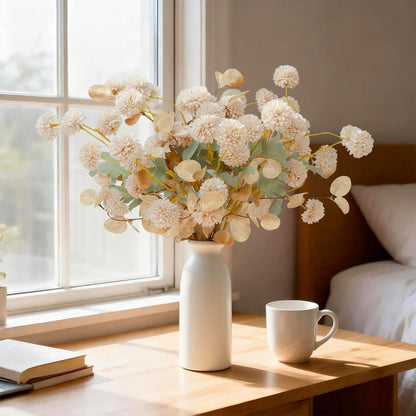 Hydrangea Artificial Flowers with Vase, Real Touch Latex, White