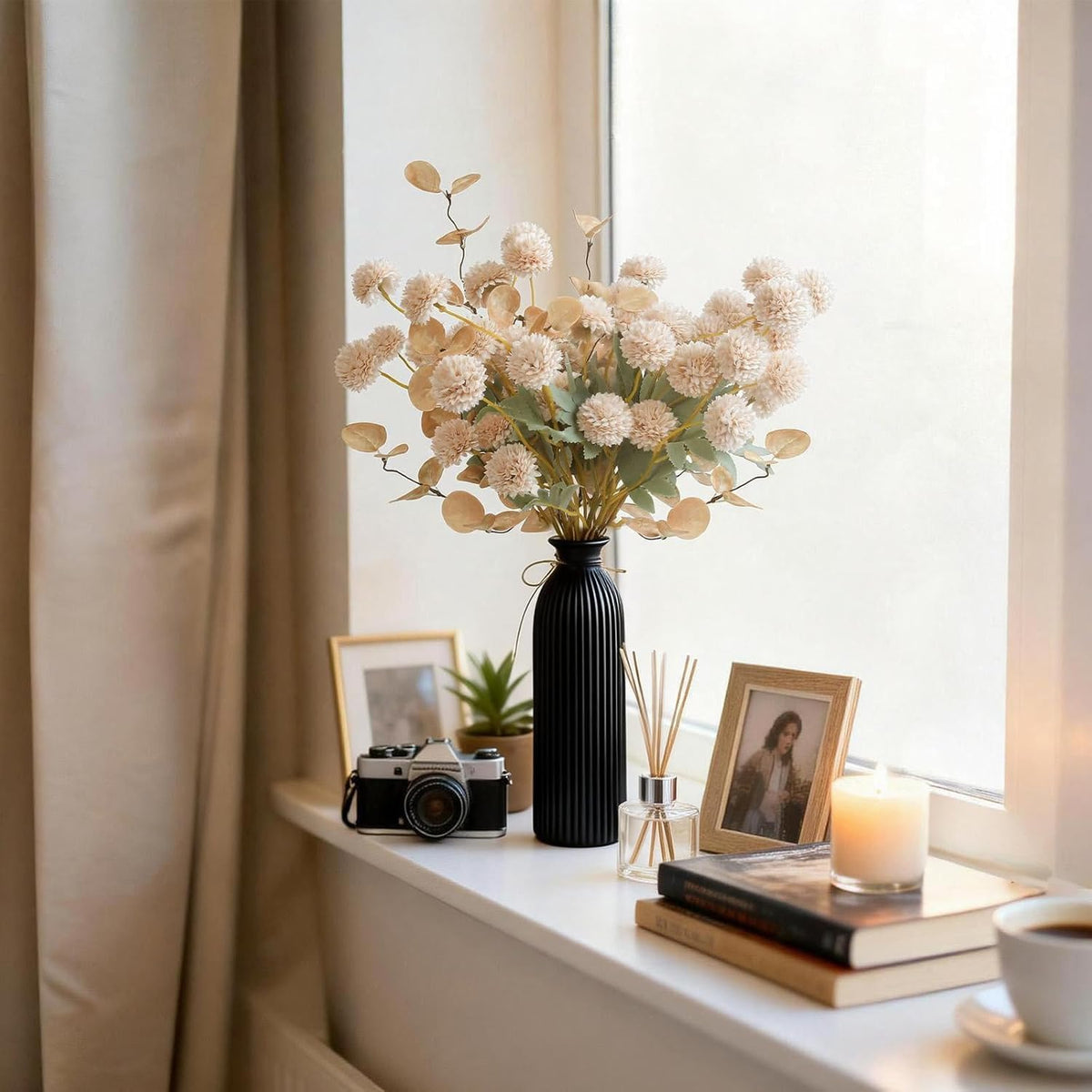 Hydrangea Artificial Flowers with Vase, Real Touch Latex, White