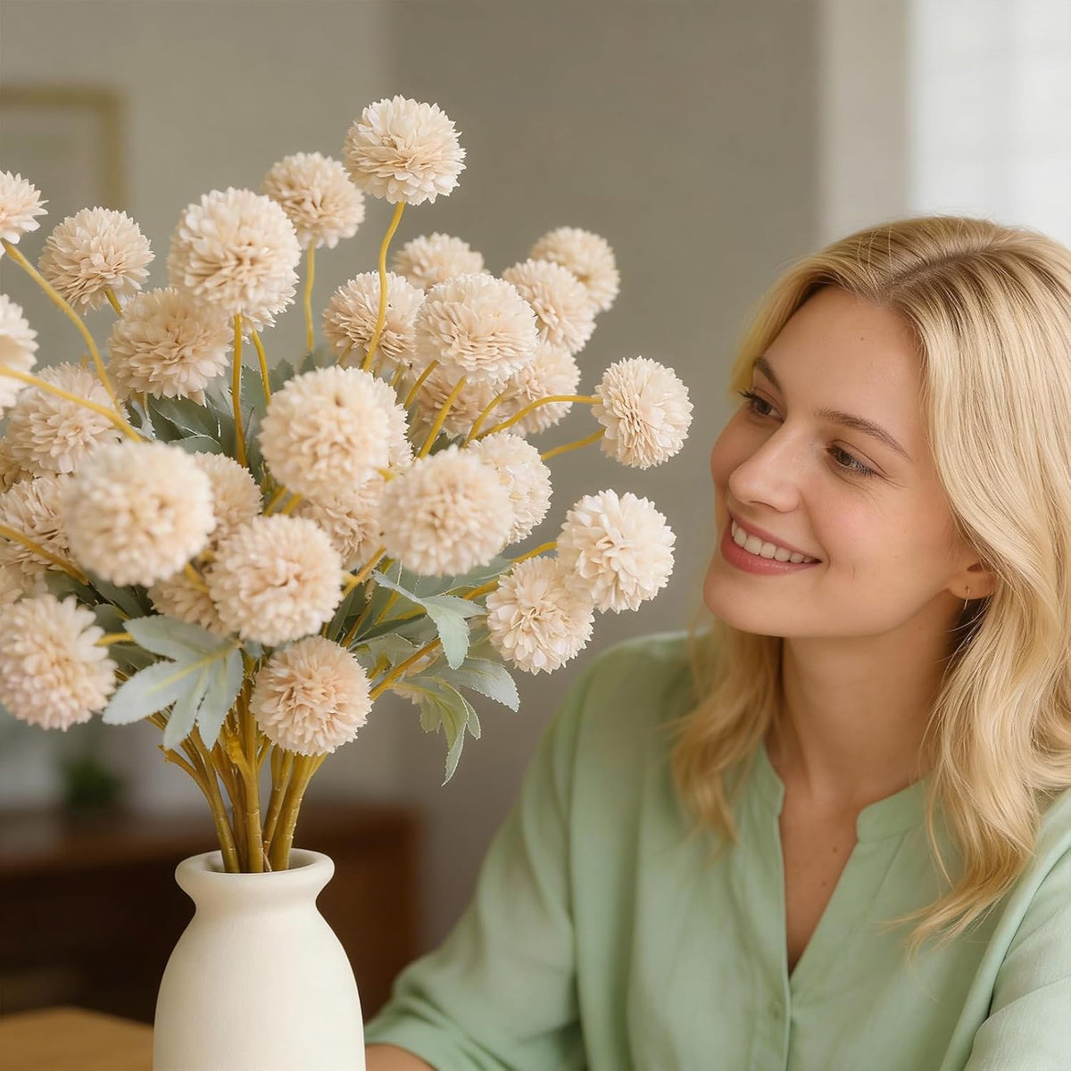 Hydrangea Artificial Flowers with Vase, Real Touch Latex, White