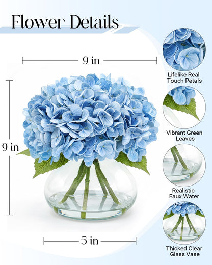 Hydrangea Artificial Flowers with Vase, Real Touch Latex, White