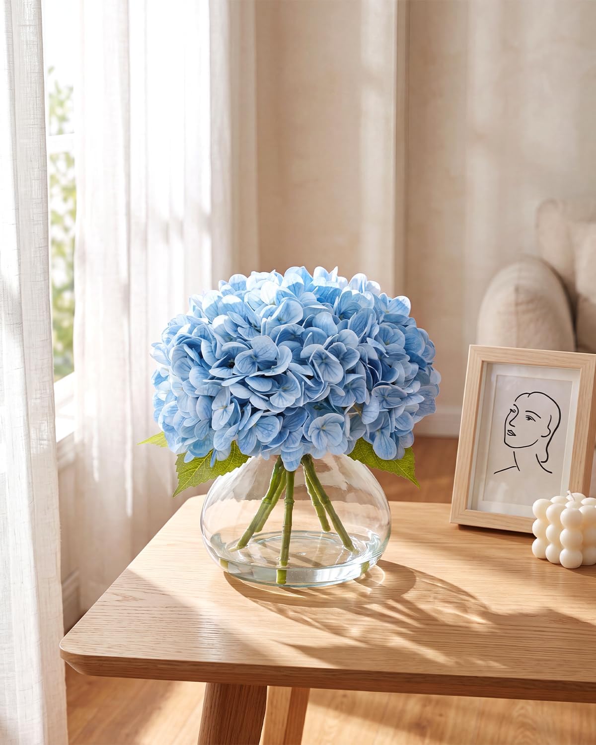 Hydrangea Artificial Flowers with Vase, Real Touch Latex, White