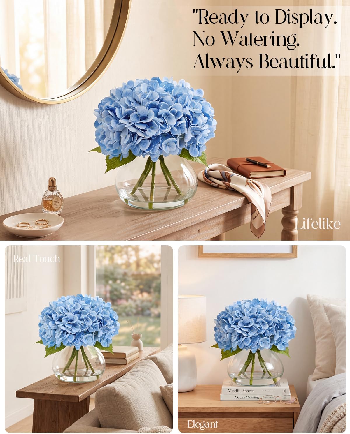 Hydrangea Artificial Flowers with Vase, Real Touch Latex, White