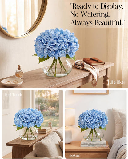 Hydrangea Artificial Flowers with Vase, Real Touch Latex, White