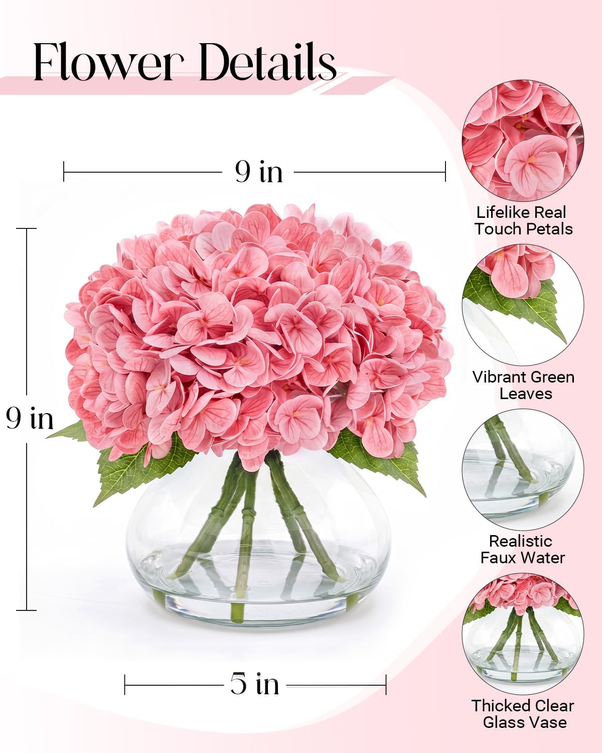 Hydrangea Artificial Flowers with Vase, Real Touch Latex, White