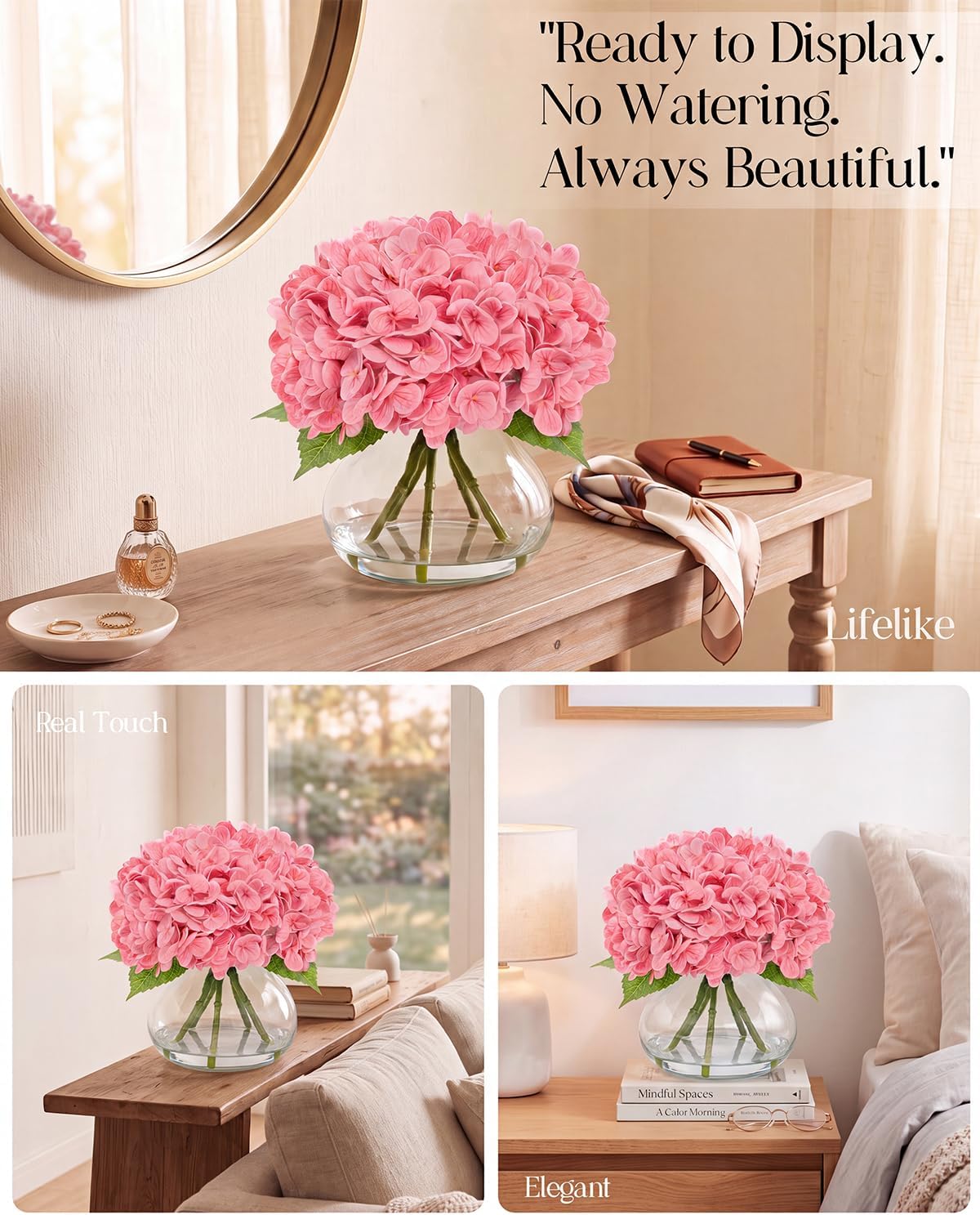 Hydrangea Artificial Flowers with Vase, Real Touch Latex, White