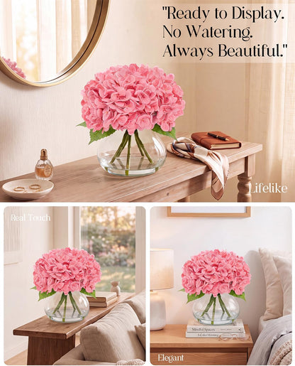 Hydrangea Artificial Flowers with Vase, Real Touch Latex, White