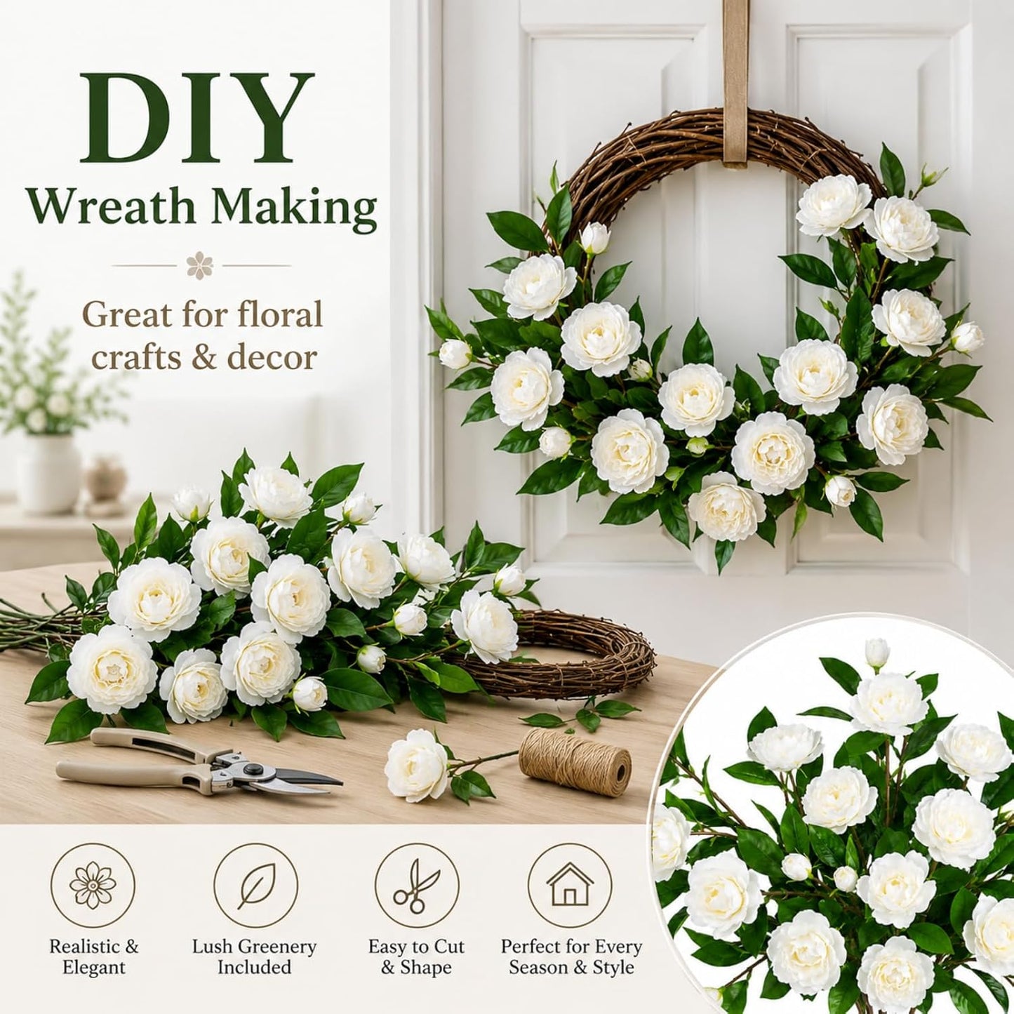 6 Pcs Artificial Gardenia Flowers 4 Heads Fake Gardenia Branches with Stems | Realistic White Faux Gardenia Flowers for Wedding, Centerpiece Decoration,Party, Home & Office Decoration