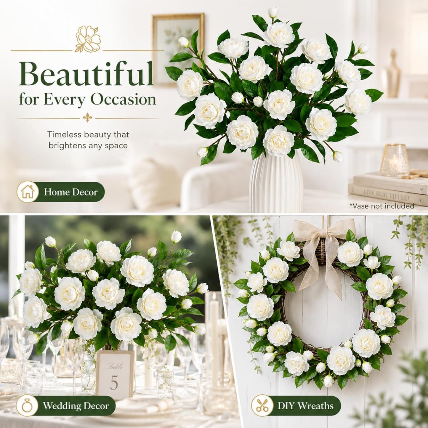 6 Pcs Artificial Gardenia Flowers 4 Heads Fake Gardenia Branches with Stems | Realistic White Faux Gardenia Flowers for Wedding, Centerpiece Decoration,Party, Home & Office Decoration